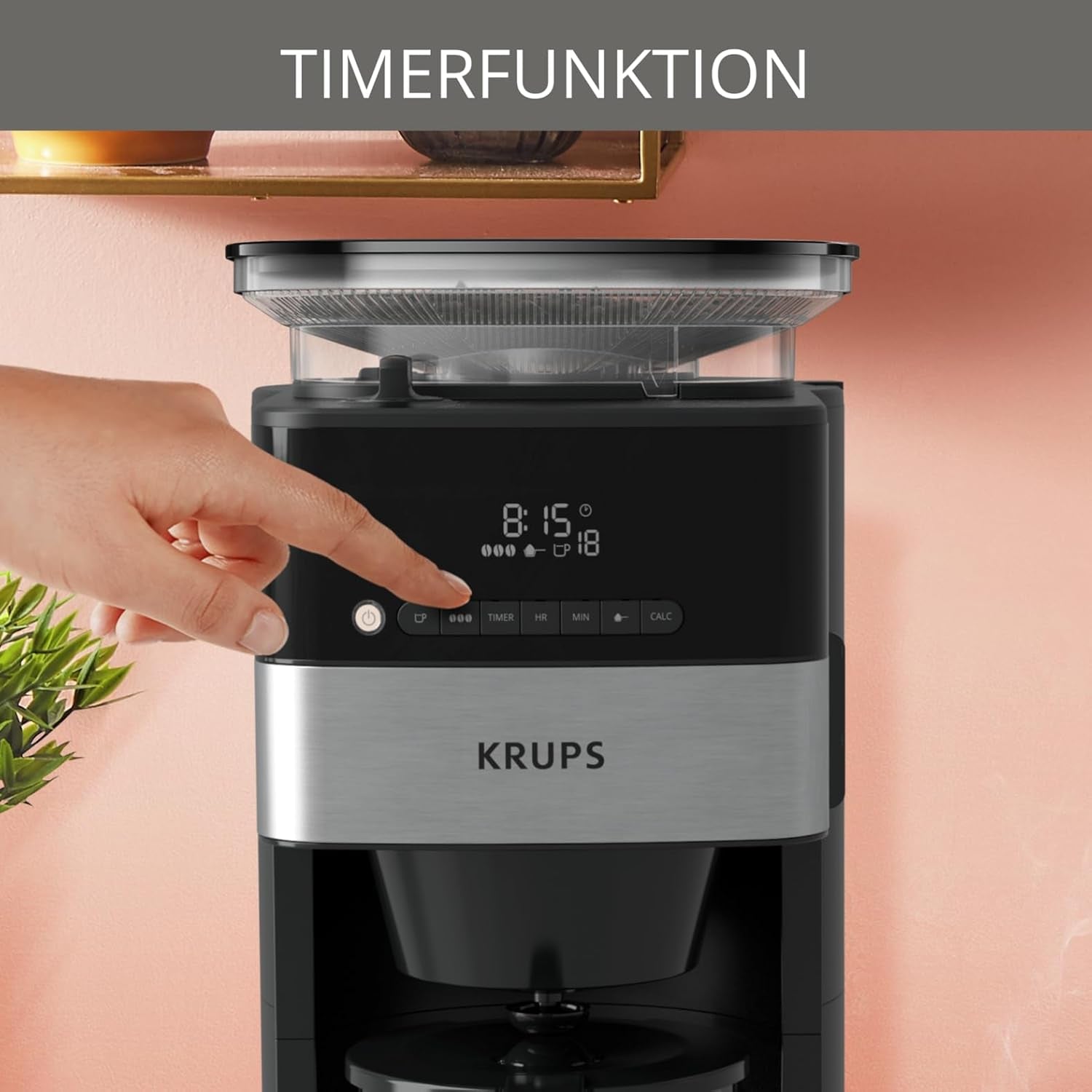 Krups Espresso kávovar KM8328 mletí s mlýnkem | 24hodinový časovač | Nádoba na obilí 180 g | Kapacita 1,25 l až pro 15 šálků kávy | Funkce automatického vypnutí | 3 nastavení mletí | Černý