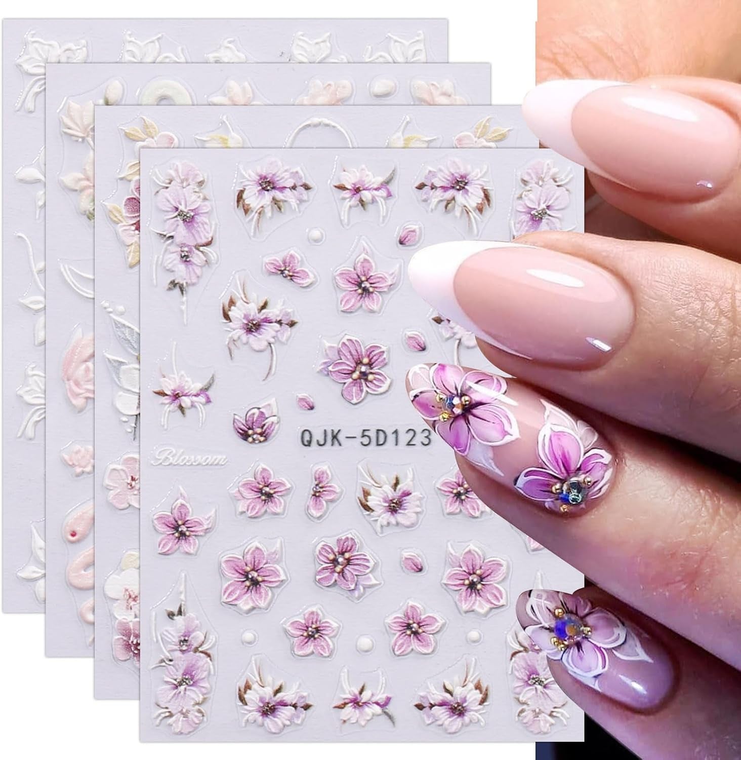JMEOWIO 3D Nálepka na nehty Blumen Nálepka na nehty Selbstklebend Nagelaufkleber 5D Stereoskopické jarní letní dekorace Nageldesign Zubehör 4 Blatt