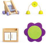 Hape Baby Room - Dřevěná sada pokojíčku pro panenky, Nábytek pro panenky, Doplňky k domečku pro batole, Miniaturní dětský pokoj s houpačkou a doplňky, 3 roky stará hra na hraní