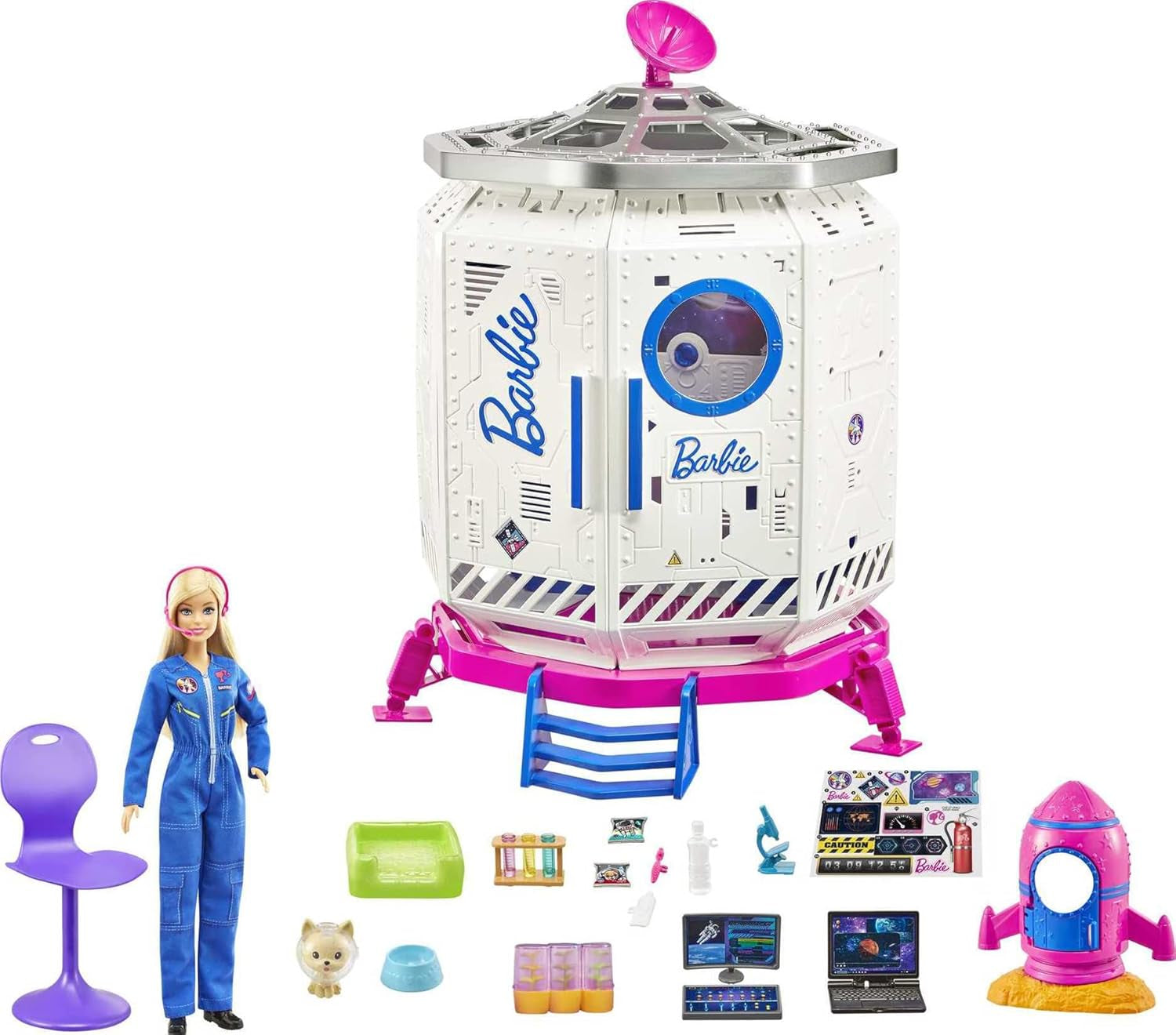 Barbie GXF27 - Vesmírná stanice Vesmírné dobrodružství, Vesmírná panenka, štěně, Pracovní stanice, Vesmírné scény, 20 doplňků, Dárková hračka pro děti od 3 let