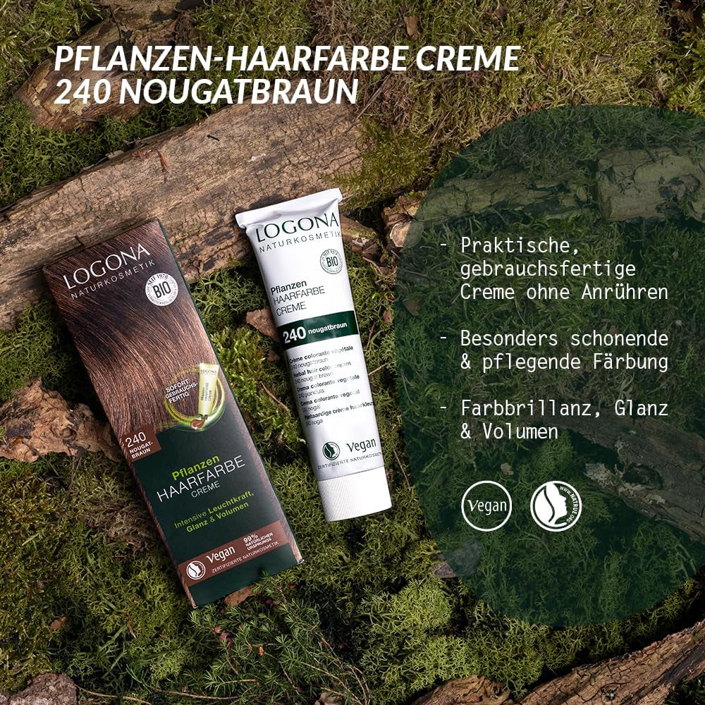 LOGONA Natural Cosmetics Plant Hair Color Cream 240 Nugát Brown, Přírodní barva na hnědé vlasy s hennou, barvicí krém na hnědé tóny, barva na tmavé vlasy, 150ml Barva na vlasy Naty Shop