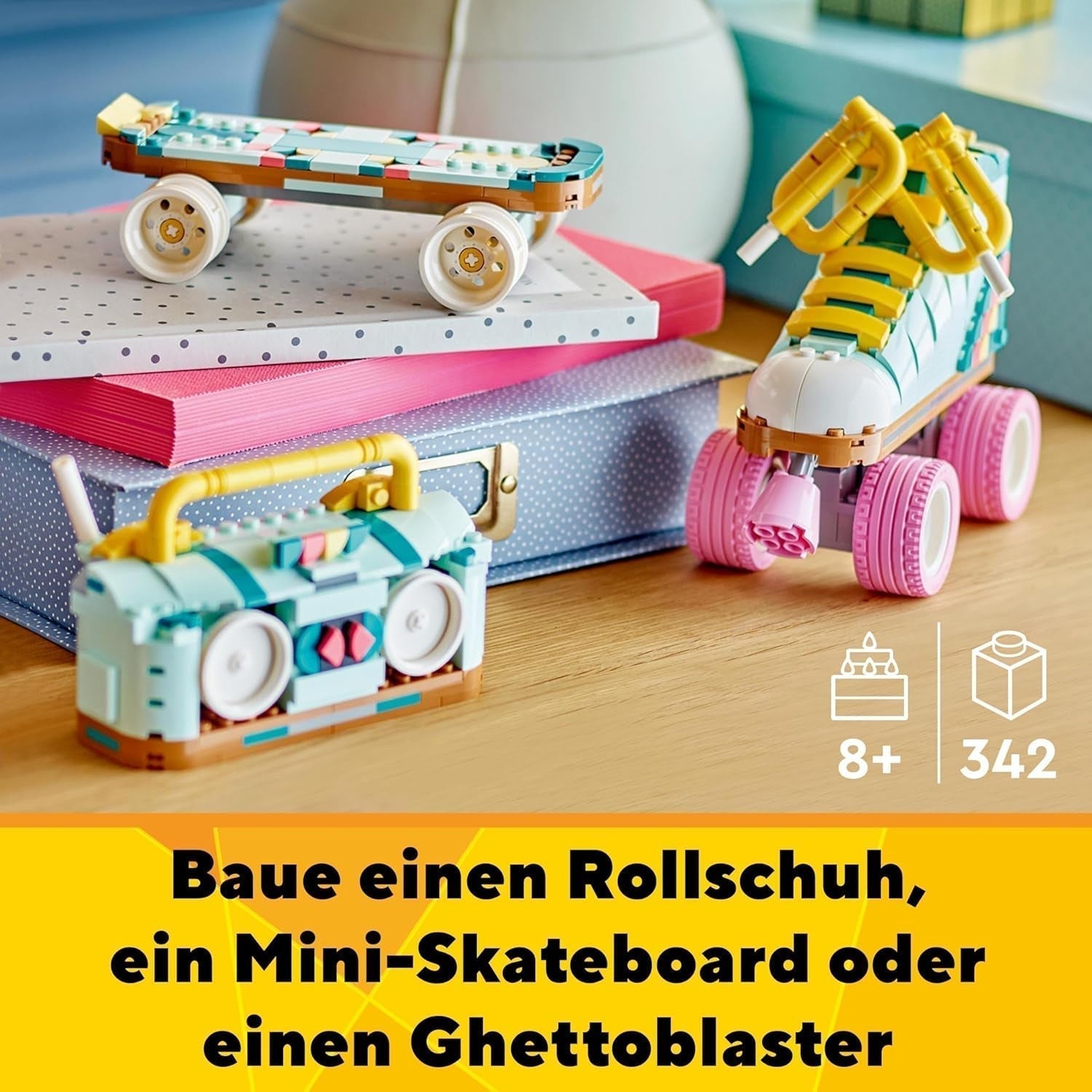 Hračka na kolečkové brusle LEGO Creator 3v1 pro dívky a chlapce s mini skateboardem a Boomboxem, retro dekorace do ložnice, dárek k narozeninám pro 8 let 31148 Stavebnice Besuche den LEGO-Store