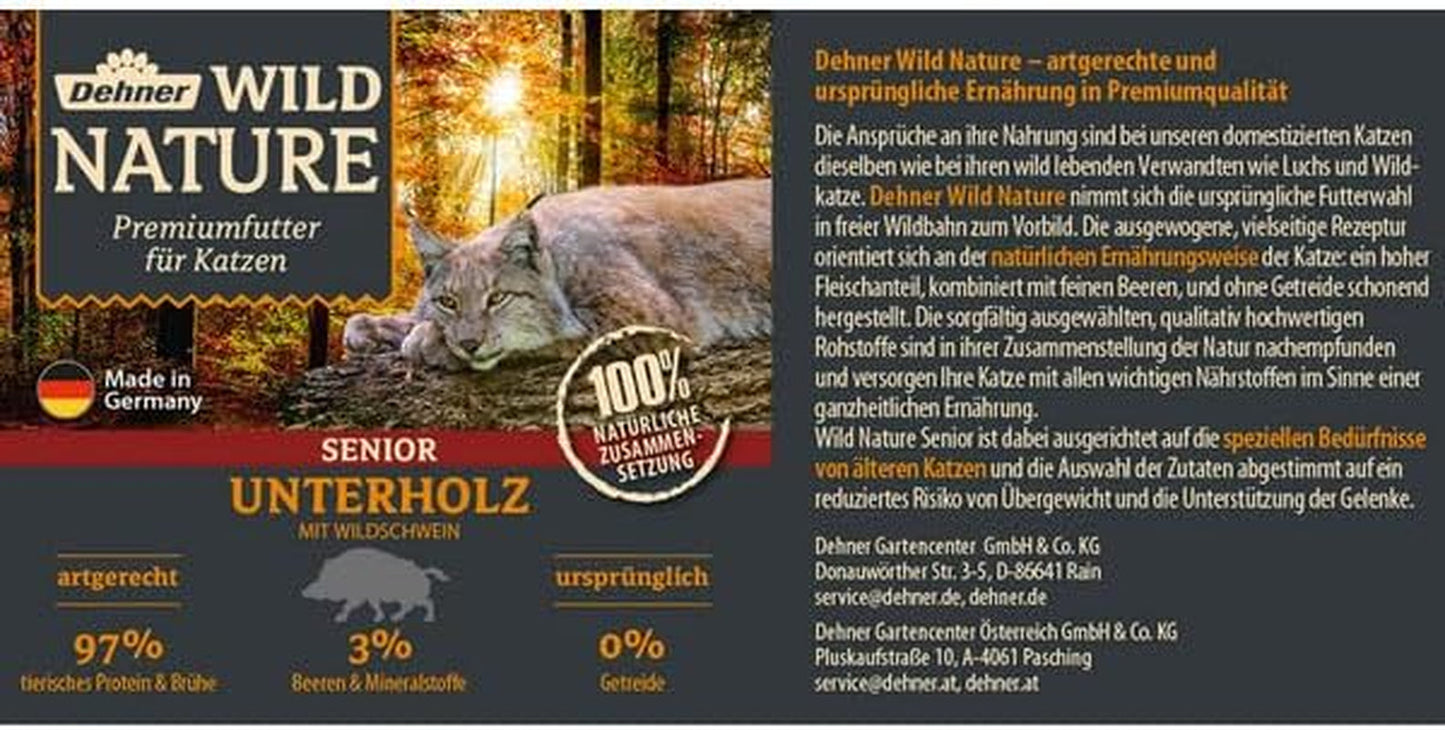 Dehner Wild Nature Katzenfutter Unterholz, Nassfutter getreidefrei / zuckerfrei, für ältere Katzen, Wildschwein, 6 x 400 g Dávka, (2,4 kg)