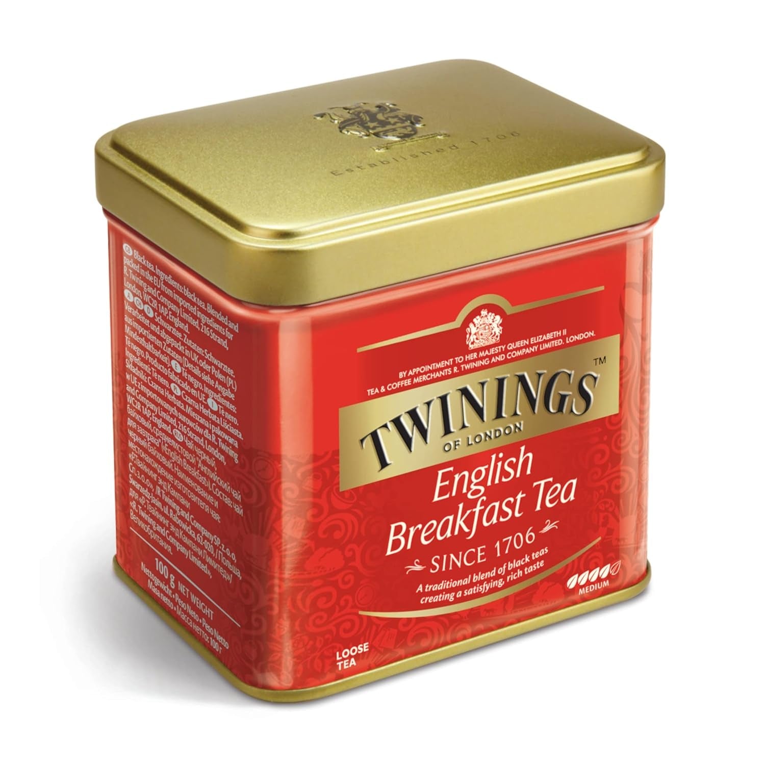 Twinings English Breakfast Tea Sypaný černý čaj v Tea Box Silný černý čaj z vysoce kvalitních čajových lístků sbíraných z nejlepších čajových plantáží na Srí Lance a Indii G, neutrální, 100 gramů