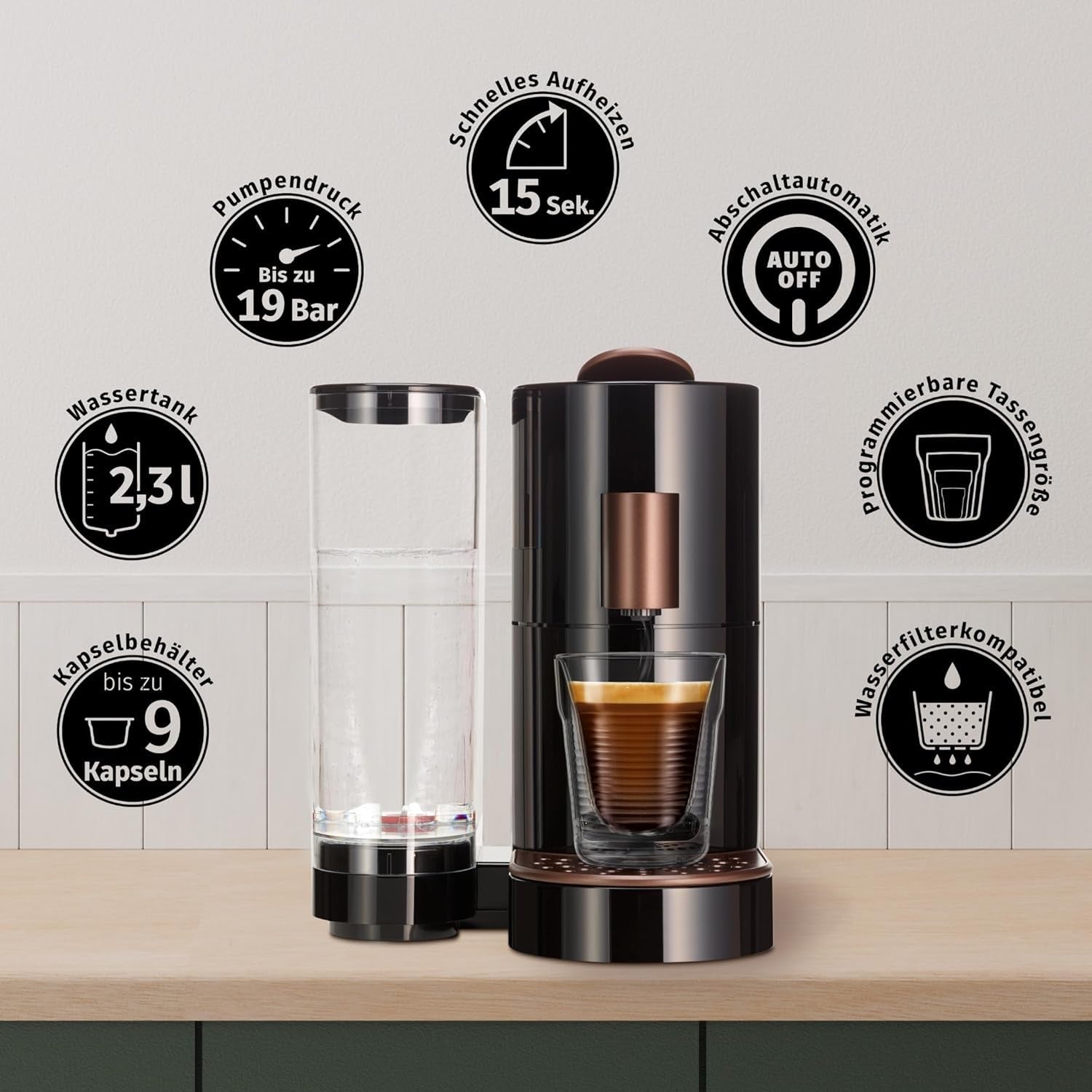K-FEE TWINS II kapslový espresso kávovar na kávu, čaj a kakao | Espresso kávovar na velké šálky | Rychlý ohřev | Nádrž na vodu 2,3 ​​l | 19 barů | Černo-měděná