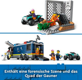 Policejní náklaďák LEGO City s laboratoří, policejní čtyřkolkou a náklaďákem pro děti, dárek pro chlapce a dívky od 7 let, navíc 5 minifigurek – 2 policisté, 1 vědec a 2 podvodníci 60418 Stavebnice Beuche den LEGO-Store