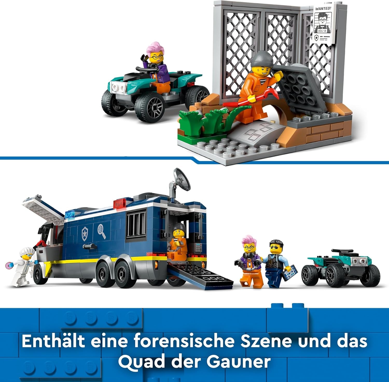 Policejní náklaďák LEGO City s laboratoří, policejní čtyřkolkou a náklaďákem pro děti, dárek pro chlapce a dívky od 7 let, navíc 5 minifigurek – 2 policisté, 1 vědec a 2 podvodníci 60418 Stavebnice Beuche den LEGO-Store