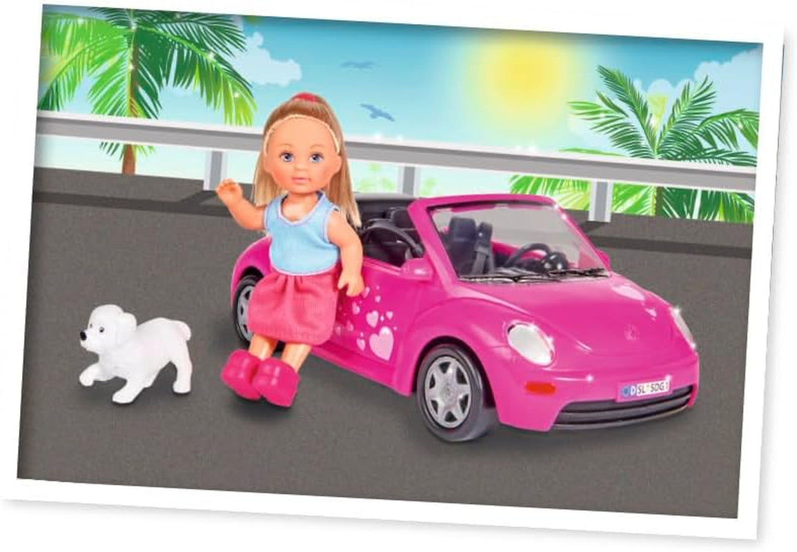 Simba 105731539 - Evi Love Beetle Evi's, Evi s autem, auto: 22 cm, se psem, módní panenka, 12 cm, pro děti od 3 let