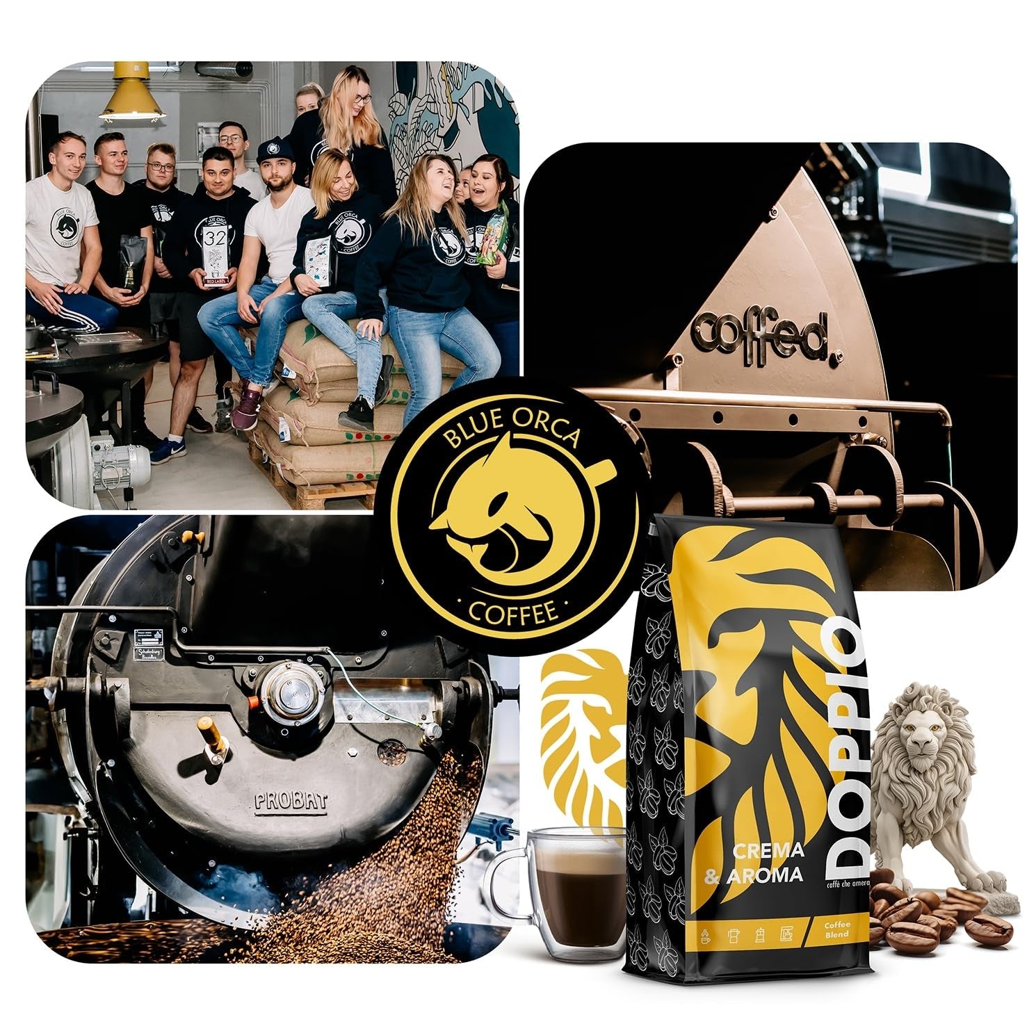 Doppio Cream & Flavor 1KG | Kávová zrna 80% Arabica a 20% Robusta | s tóny kakaa, ořechů a karamelu | Čerstvé a středně propečené, nízká kyselost | na espresso | Modrá káva Orca