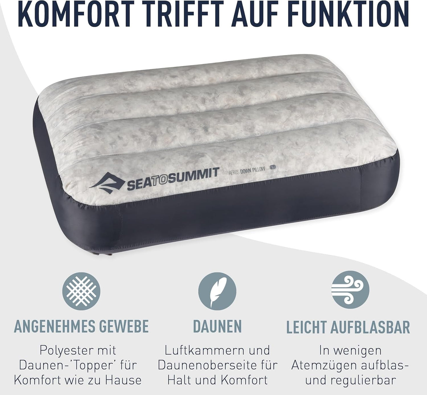 Sea to Summit - Eros Péřový cestovní polštář L - Ultralehký a nafukovací - 10D Materiál - Prémiový péřový polštář - Protiskluzový - Pro turistiku a kempování - 42 X 28 X 12 Cm - Šedý - 95 G Cestovní polštáře Naty Shop