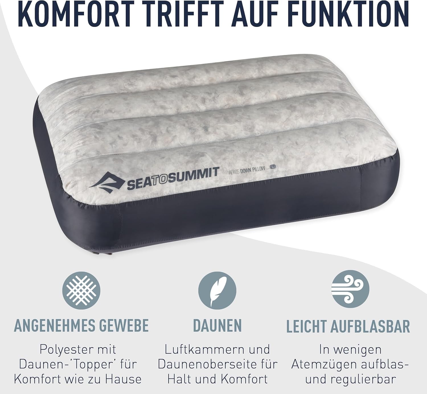 Sea to Summit - Eros Péřový cestovní polštář L - Ultralehký a nafukovací - 10D Materiál - Prémiový péřový polštář - Protiskluzový - Pro turistiku a kempování - 42 X 28 X 12 Cm - Šedý - 95 G Cestovní polštáře Naty Shop