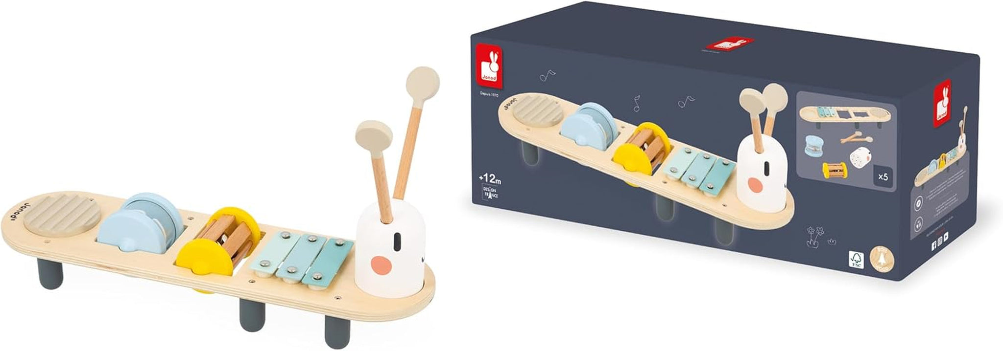 Janod - Hudební skladby Sweet Cocoon - 5 hudebních aktivit pro děti - Raná hudební výchova - Dřevěná hračka FSC - Od 12 měsíců, J04058 Baby Toys Naty Shop