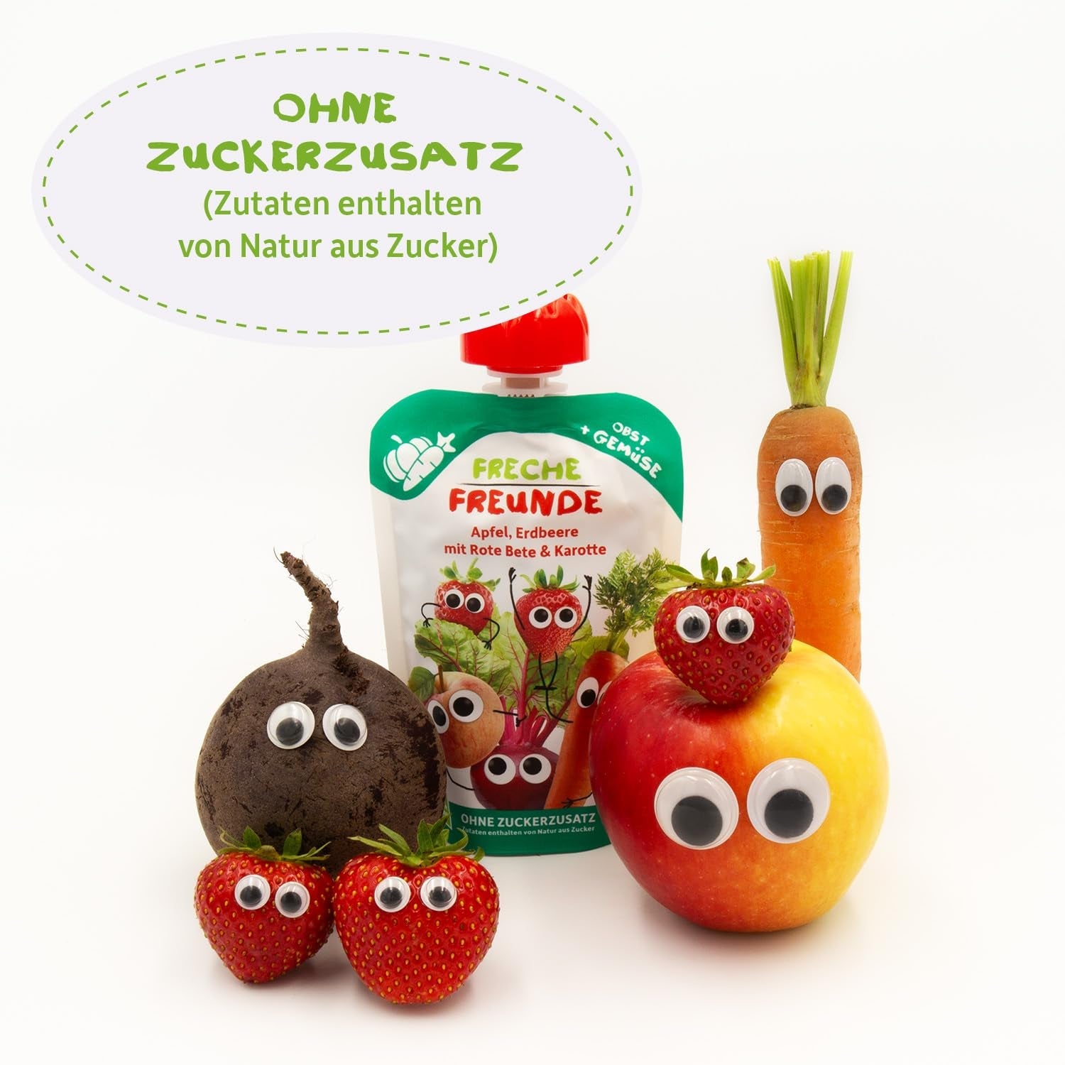 FRECHE FREUNDE Bio lisovatelný ovocný sáček s jablky, jahodami, červenou řepou a mrkví, ovocným a zeleninovým pyré v lisovatelném sáčku pro děti od 6 měsíců, veganské, balení 6 ks (6 x 100 g)