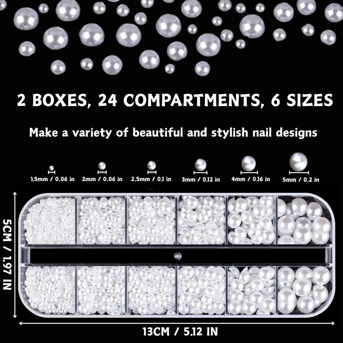 12 Größen Nail Art Perlen, Flache Perlen, Nail Art Accessoires, Halbkreis Nagelperlen, Weiße Nail Charms Und Glitzersteine ​​​​Nägel Für Nail Art Design, DIY Basteln, Alltag, Hochzeit (2 krabičky)
