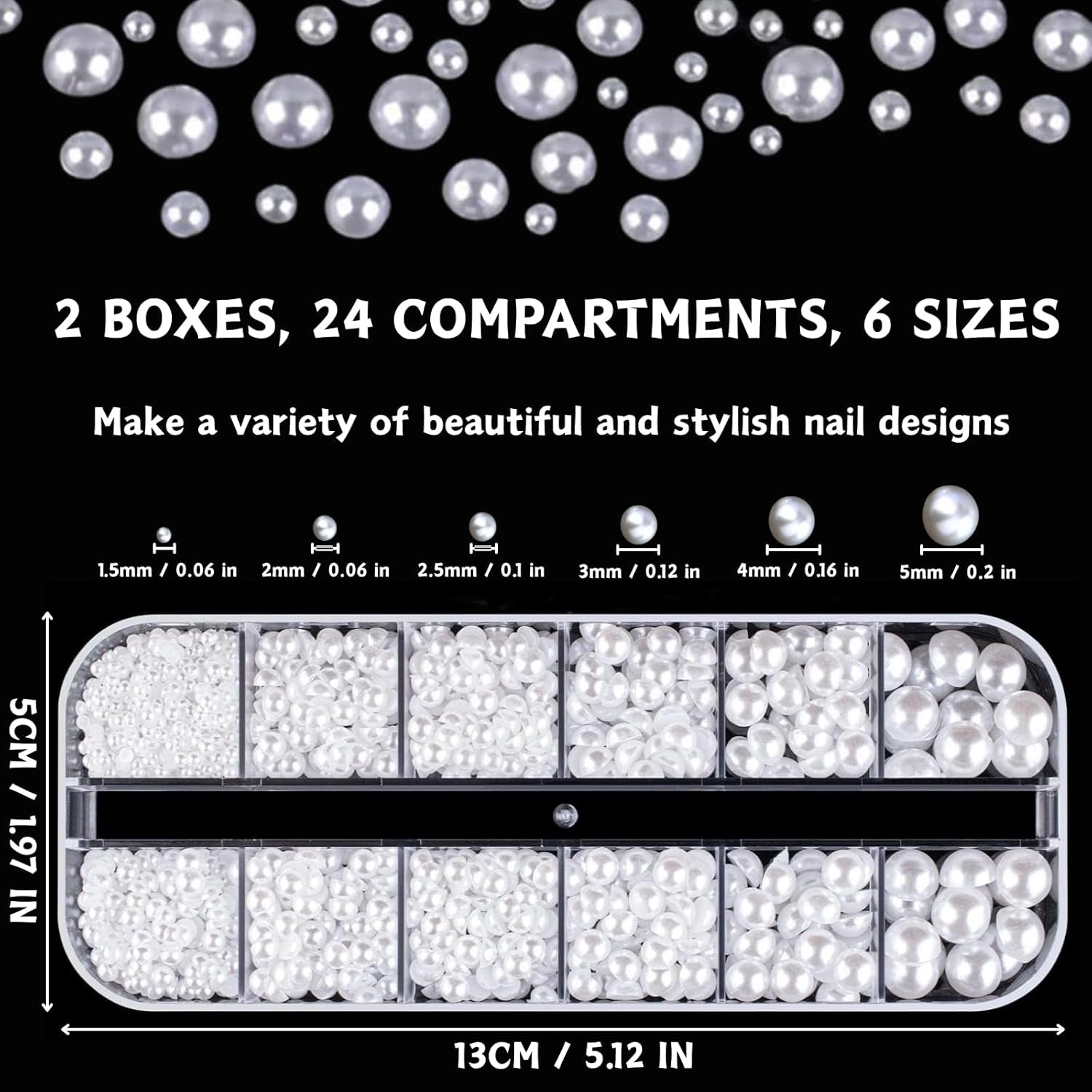 12 Größen Nail Art Perlen, Flache Perlen, Nail Art Accessoires, Halbkreis Nagelperlen, Weiße Nail Charms Und Glitzersteine ​​​​Nägel Für Nail Art Design, DIY Basteln, Alltag, Hochzeit (2 krabičky)