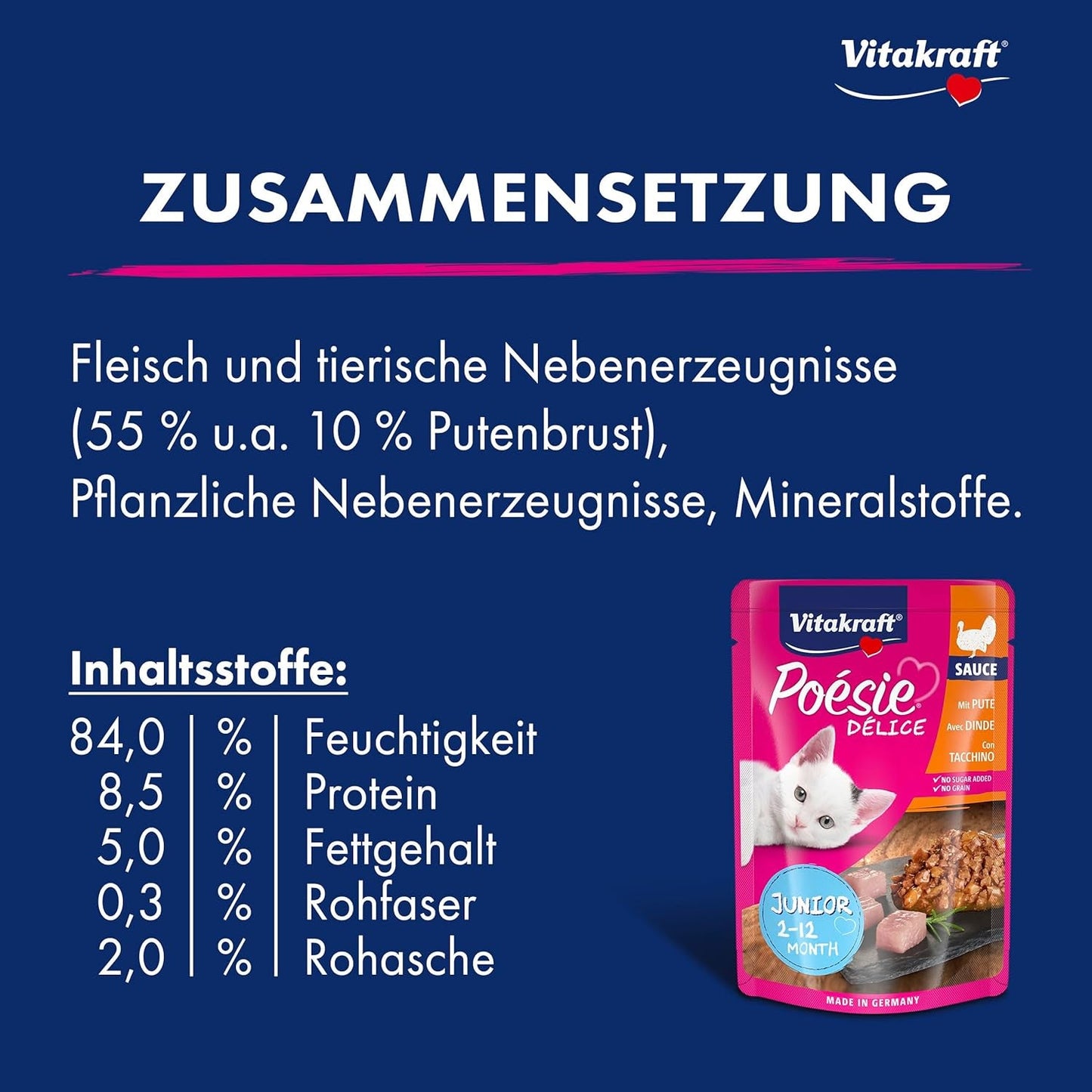 Vitakraft Poésie Délice, Junior, Mokré krmivo pro kočky, Mokré krmivo v omáčce, s krůtím masem, Multipack, pro mladé kočky, Bez přidaného cukru a obilovin (23 x 85 g)