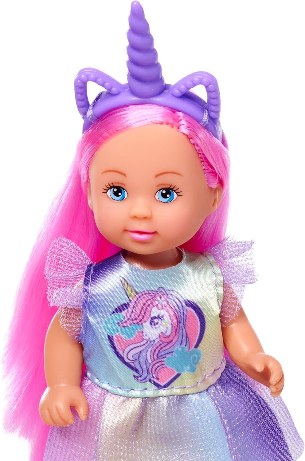 Hrací panenka Simba Evi Love Unicorn v roztomilých šatech s jednorožcem se sladěnou čelenkou, včetně jednorožce se stájí, jablka a láhve na pití, 12 cm, věk 3+