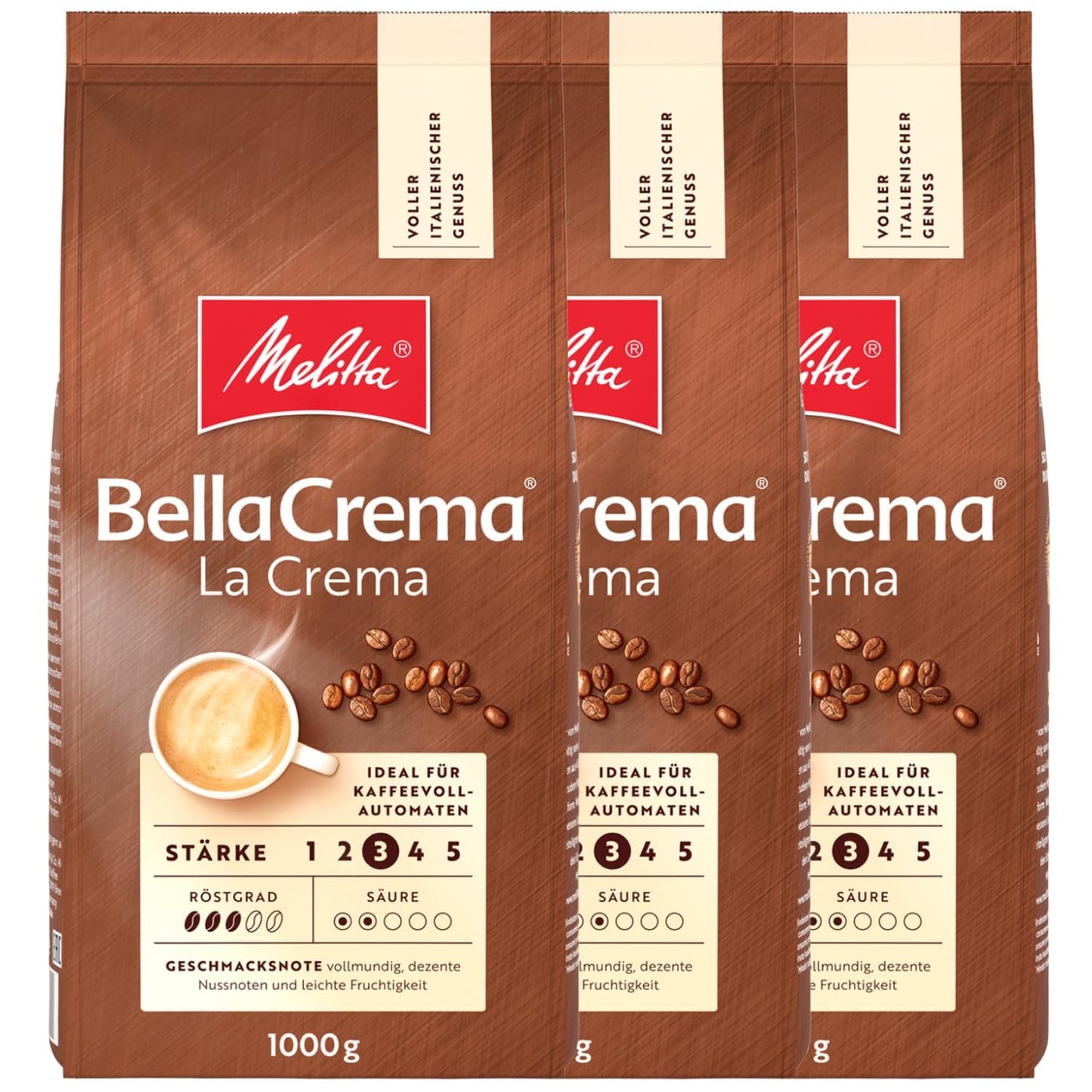 3 kávová zrna Melitta BellaCrema La Crema, středně pražená, každé 1 kg