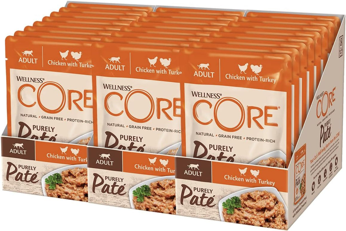 Wellness CORE Purely Paté 24 x 85 g, kuře a krůta - Mokré krmivo pro kočky, jemná paštika, bez obilovin, přírodní, hypoalergenní, s vysokým obsahem bílkovin, s vysokým obsahem masa