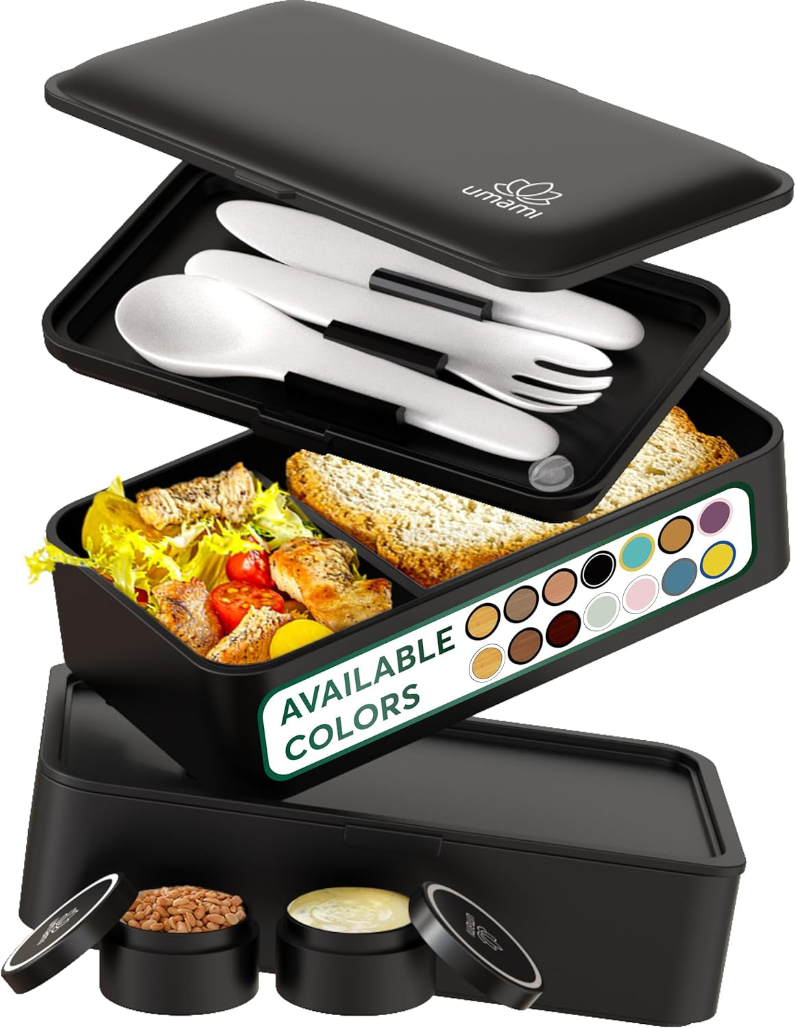 Box na oběd Umami pro dospělé, stohovací Bento Box se 4 příbory a přihrádkami, Box na oběd pro dospělé, Zásobník na salát, Piknikový / Kancelářský box na oběd, Uhlově šedá, 1500 ml Naty Shop Box na skladování potravin Matná černá L - 1200 ml
