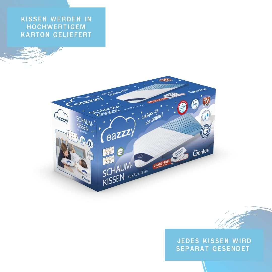 Pěnový polštář Genius Eazzzy 40X80 Cm výška 10Cm - Polštář na podporu krku se 2 stupni tvrdosti + chladivá gelová pěna - Polštář na spaní pro spáče na boku, zádech a břiše proti bolesti šíje, polyesterové standardní polštáře Naty Shop