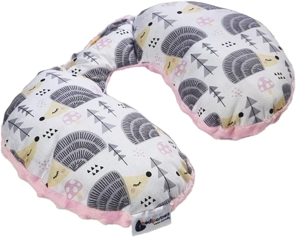 Medi Partners Baby Neck Polštář Neck Support 100% Bavlna / Minky Baby Neck Polštář do autokočárku Cestování Cestování Spánek Polštář Snooze Roll (REH with Grey Minky) Cervikální ortopedické polštářky Naty Shop Hedgehog Grey with Minky Light Pink