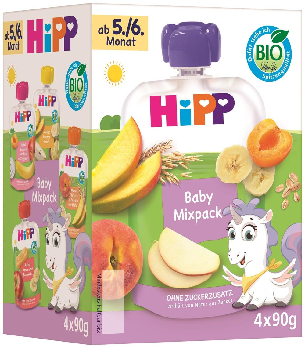 Bio ždímací kapsičky HiPP, smíšené balení, 16 kusů (4 balení po 4 x 90 g), pro děti 5/6 měsíců, čtyři lahodné příchutě, bez přidaného cukru, nejlepší bio kvalita