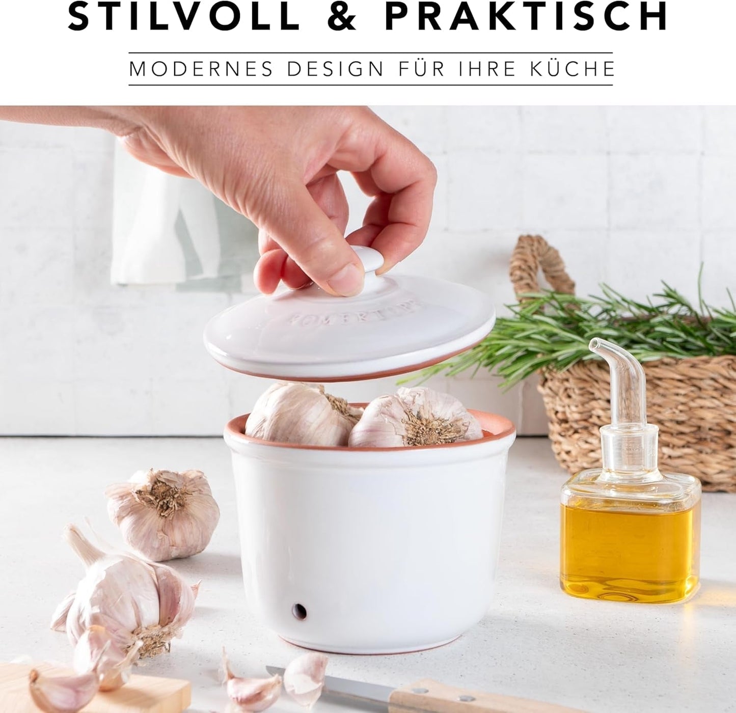 Römertopf Fresh Pot MINI 0,6 litru - Keramický hrnec na česnek - Prodyšná hlína udrží zeleninu déle čerstvou - Ideální cirkulace vzduchu - Bílé úložné boxy na potraviny Naty Shop
