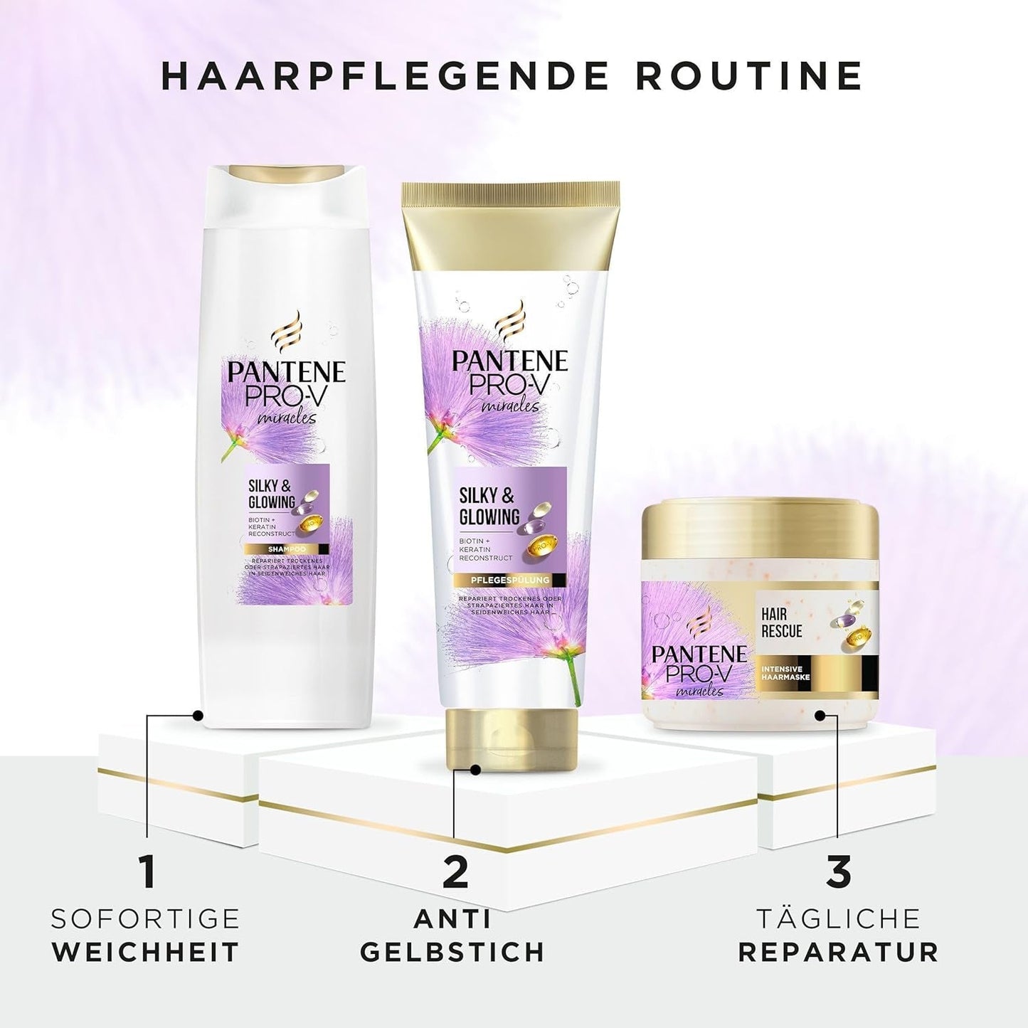Pantene Pro-V Silky & Glowing Hair Rescue intenzivní maska na vlasy s biotinem a keratinem Reconstruct 300 ml. Pomáhá opravit suché, poškozené nebo melírované vlasy Naty Shop Hair Mask