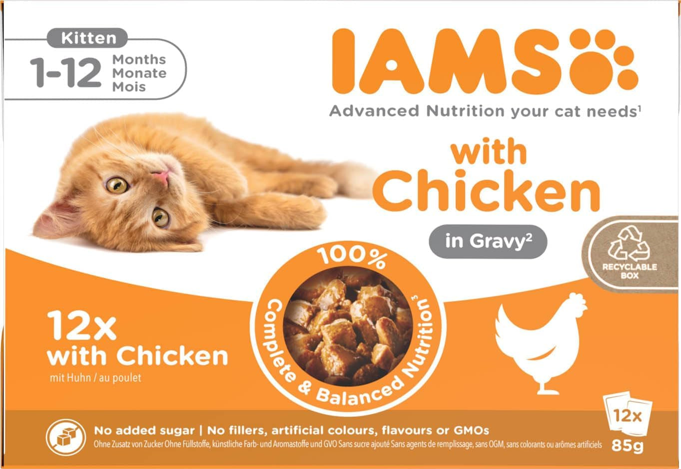 IAMS Delights Kitten Nassfutter - Multipack Katzenfutter mit Hunn in Sauce, vysoce kvalitní Futter für Junior Kätzchen von 1-12 Monate, 12 x 85 g