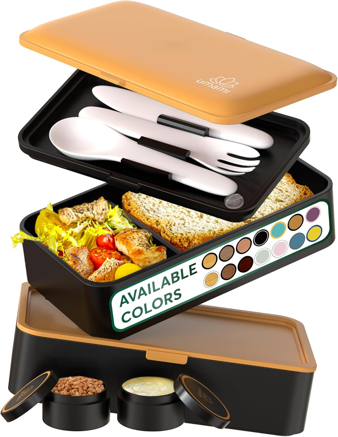 Umami Lunch Box pro dospělé, Netěsný stohovatelný Bento Box se 4 příbory a přihrádkami, Box na oběd pro dospělé, To-Go Zásobník na salát, Piknik / Kancelář Lunch Box, Charcoal Grey, 1500 ml