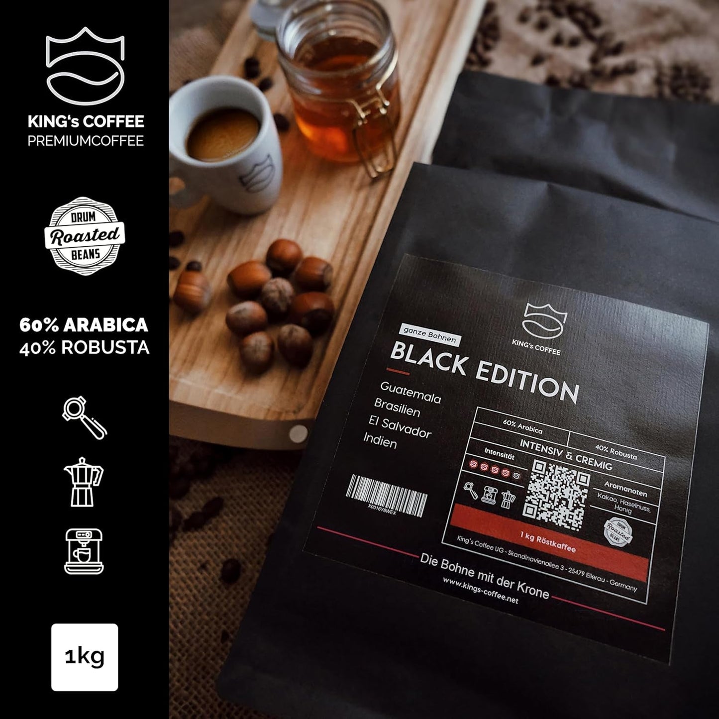 KING'S COFFEE - BLACK EDITION - 1 kg Intense smetanová zrnková káva - Káva s nízkou kyselostí - Malá dávka pražená z Itálie - Silná zrna Arabica Espresso (směs) pro plně automatické a portafiltrační stroje
