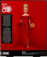 Podpisová panenka Barbie k 80. výročí Mattel sběratelská figurka v zářivě červených tylových šatech s náušnicemi ve tvaru slzy a jemnými rukavicemi Blond vlasy JBJ17