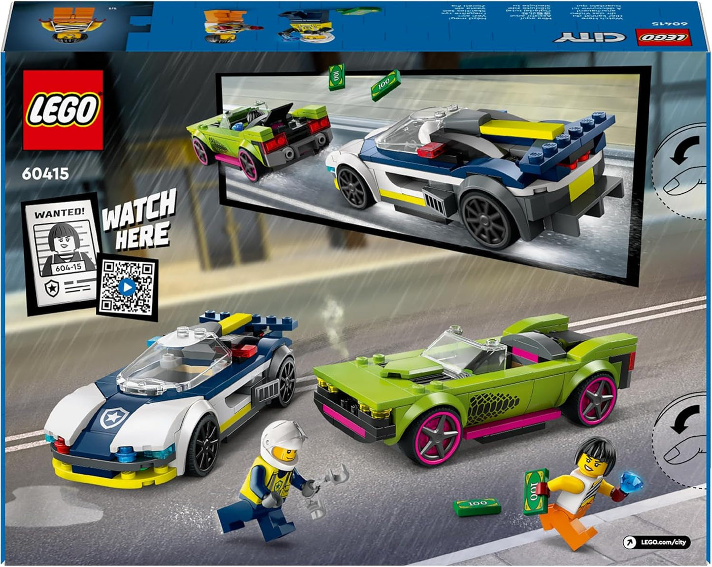 LEGO City Car Chase s policejním autem a svalovcem, vláček se 2 závodními auty, policejní dárek pro děti, chlapce a dívky od 6 let, sada s policistou a minifigurkami Ganovin 60415 Stavebnice Besuche den LEGO-Store