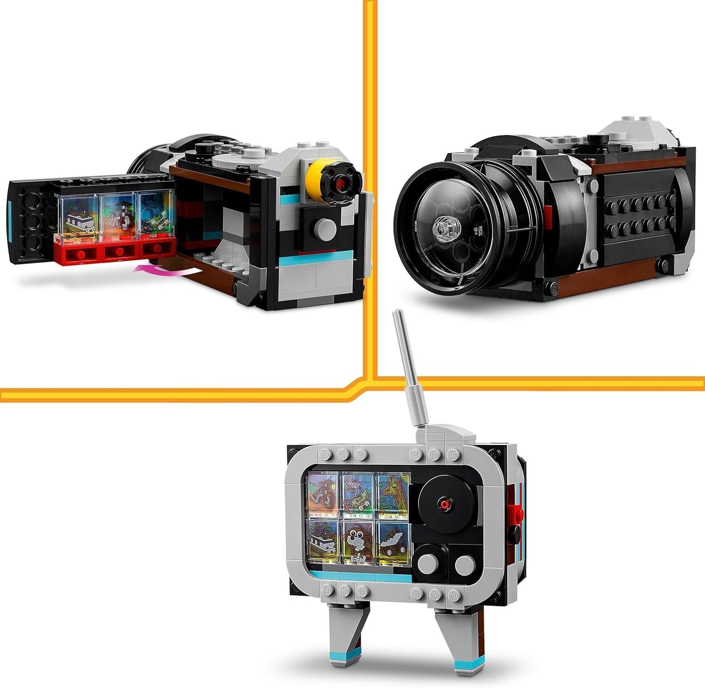 LEGO Creator 3v1 retro hračka s fotoaparátem, videokamera, televizor, dětské dekorace na stůl nebo doplňky do ložnice, fotografické dárky pro dívky a chlapce 8 let 31147 Stavebnice Besuche den LEGO-Store