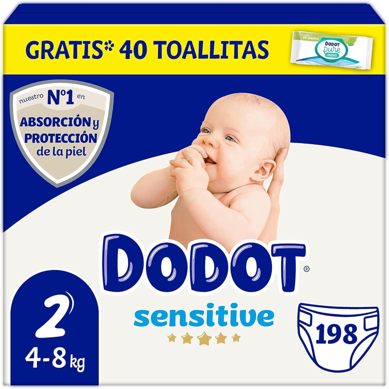 Citlivé dětské plenky velikost 2 (4-8 kg), 198 plen + 1 balení 40 bezplatných čistících ubrousků, Total Aqua Care, savost a ochrana pokožky, měsíční balení