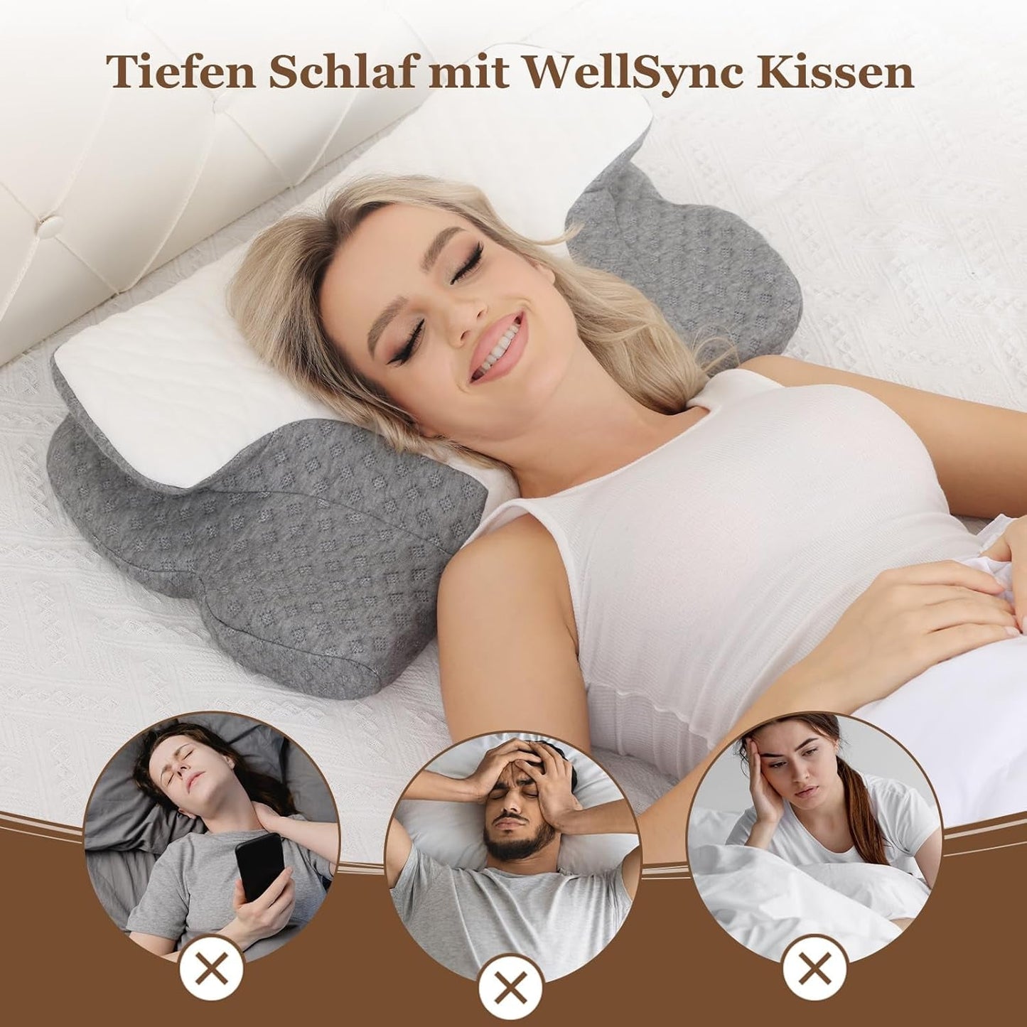 Wellsync Neck Polštář Ergonomický Polštář Paměťová pěna Polštář Ortopedický Polštář pro postranní spáče Zádový spánek Bolesti žaludku Bílá Šedá Krční ortopedické polštáře Naty Shop