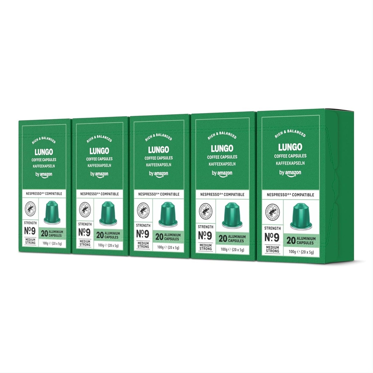od Amazon Lungo Aluminium-Kaffeekapseln, kompatibilní s Nespresso, mittelgeröstet, 100 Stück (5 Packungen mit je 20 Stück) – Rainforest Alliance zertifiziert