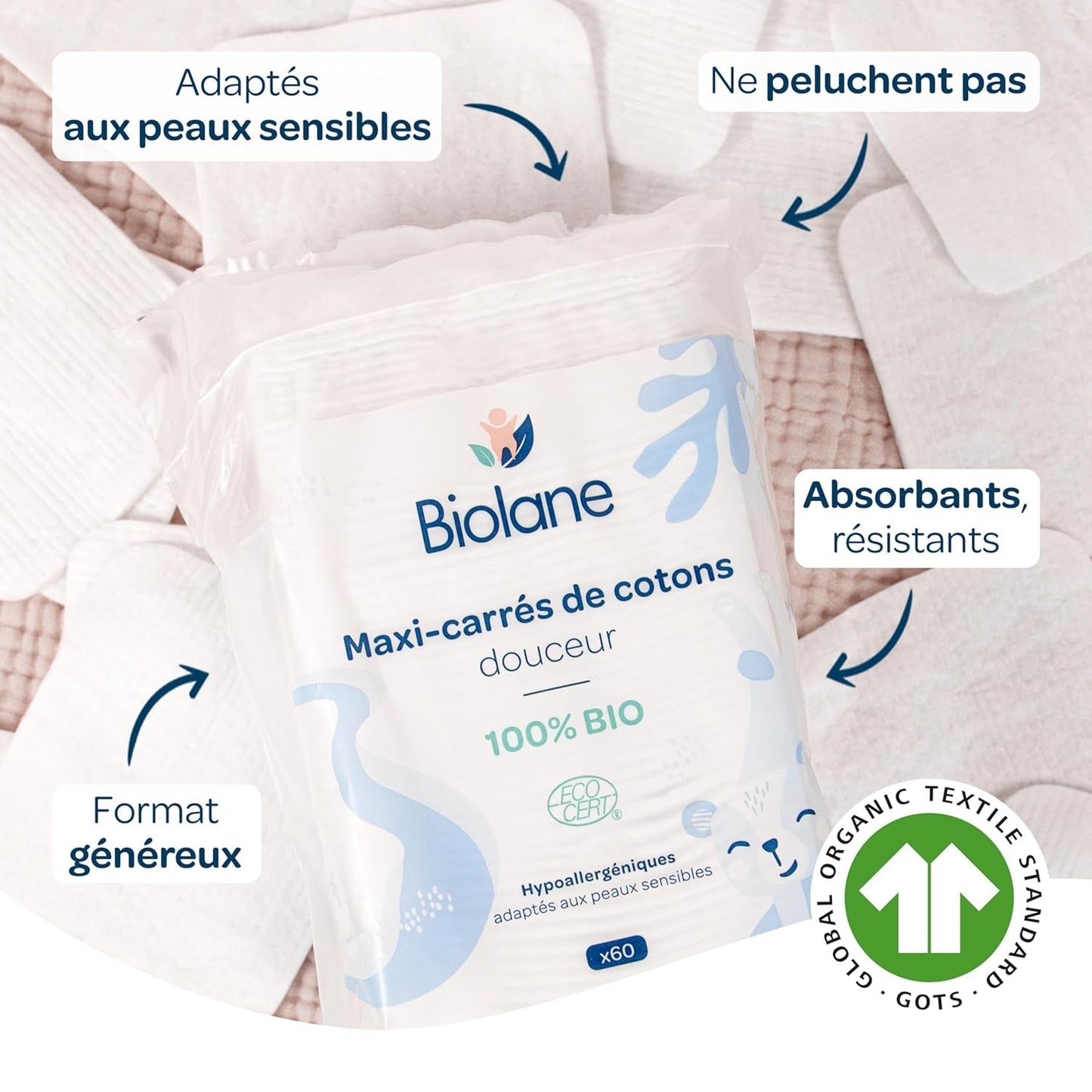 Vlhčené vložky BIOLANE 12 Maxi Squares - Miminka - 100% BIO - 720 Bavlna - pro citlivou pokožku - Přebalovací a toaletní potřeby - od narození - vyrobeno ve Francii