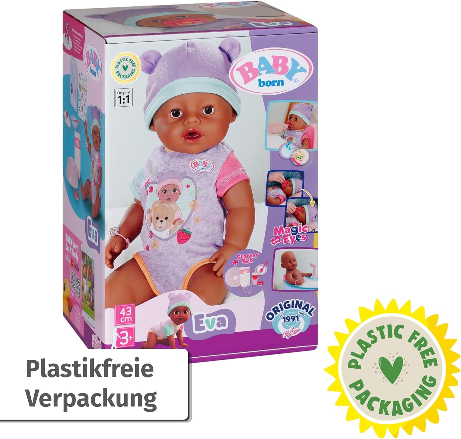 BABY Born Eva 43 cm, panenka s 10 funkcemi a doplňky, pro děti od 3 let, funguje bez baterie, velká panenka 43 cm, 836408 Zapf Creation Dolls Naty Shop