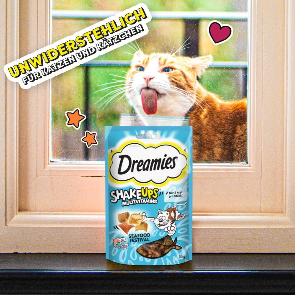 DREAMIES SHAKE UPS Multivitamin Seafood Festival kočičí pamlsky v porcovaných sáčcích – 55 g (6 sáčků)