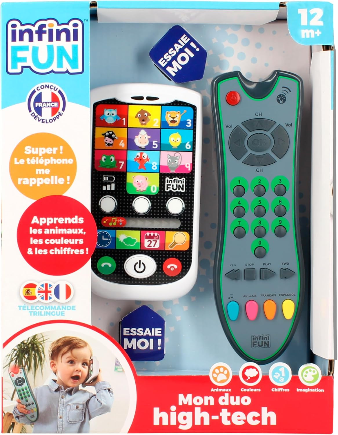 My Duo High-Tech telefon + dálkový ovladač – 1 trojjazyčný francouzský/anglický/španělský dálkový ovladač a 1 ultrarealistický telefon – víceúčelová výuková hračka od 12 let staré hračky Bebe Naty Shop