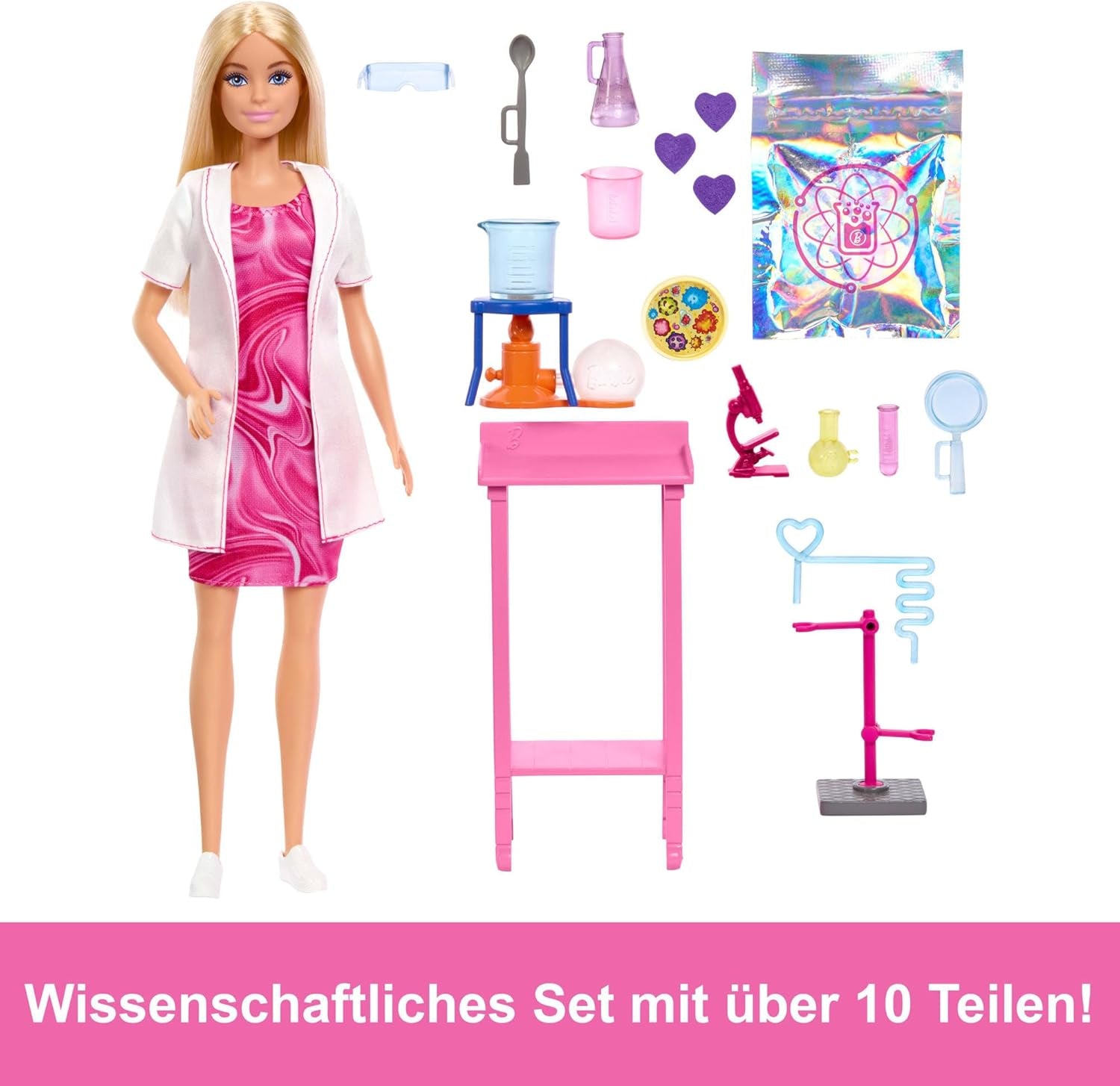 Panenka Barbie Scientist a doplňky s módní blonďatou panenkou, laboratorním stolkem, mikroskopem, pokladnou měnící barvy a Petriho miskou, panenky JCR70 Naty Shop