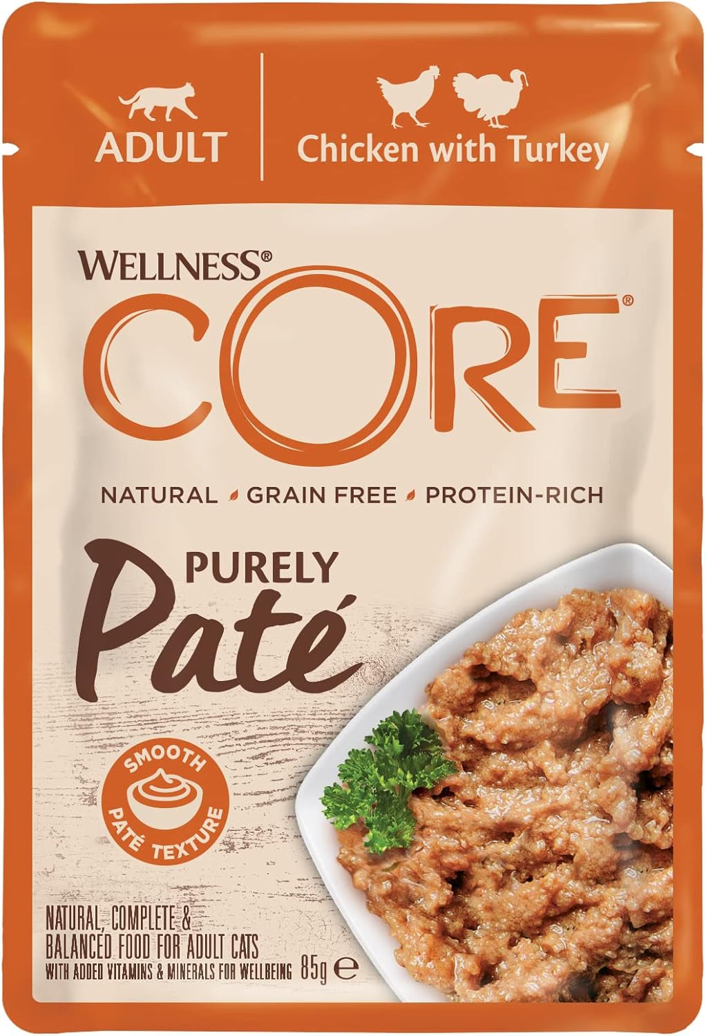 Wellness CORE Purely Paté 24 x 85 g, kuře a krůta - Mokré krmivo pro kočky, jemná paštika, bez obilovin, přírodní, hypoalergenní, s vysokým obsahem bílkovin, s vysokým obsahem masa