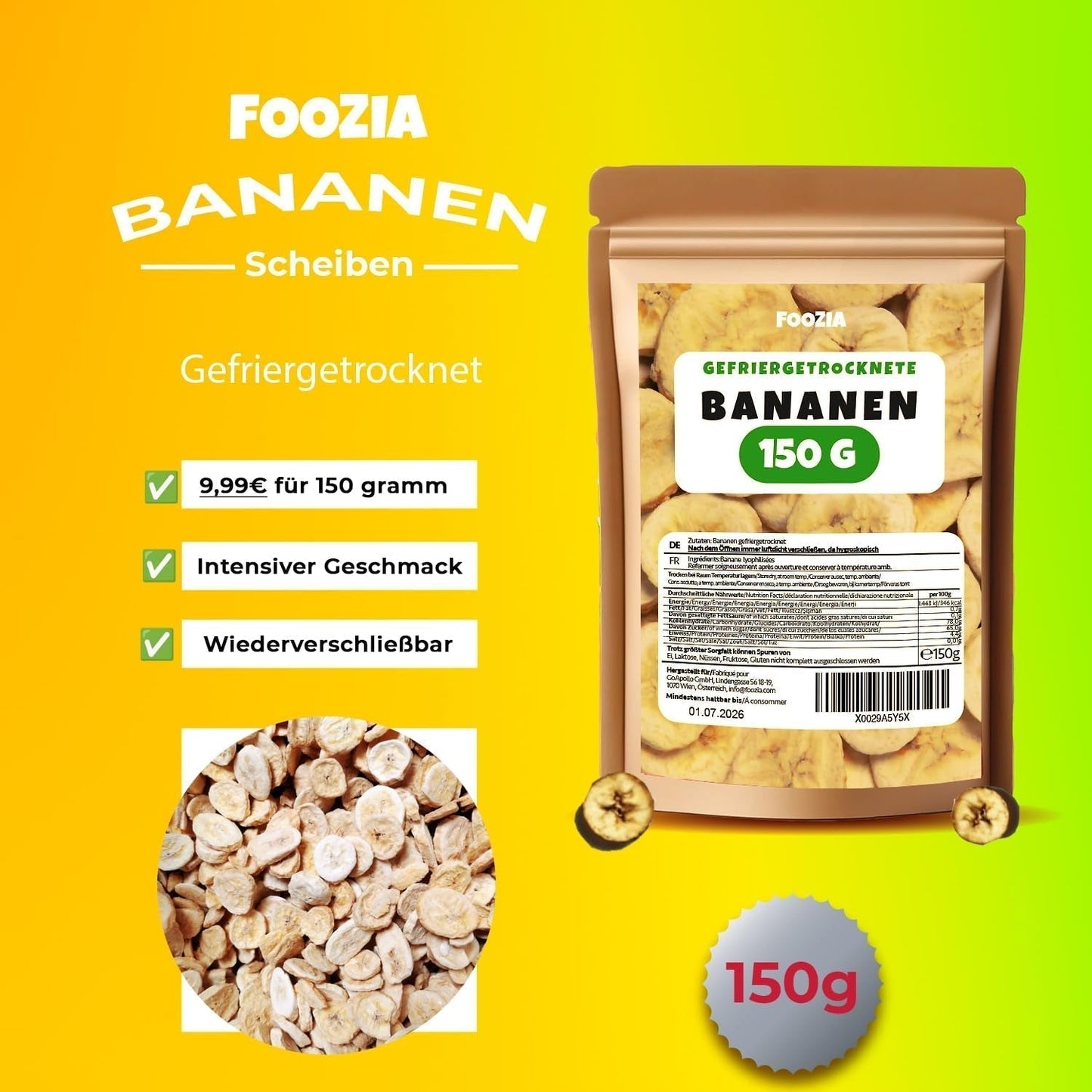 Lyofilizované banány 150g plátky, Lyofilizované ovoce bez přísad Čisté - 100% přírodní sušené ovoce - Sušené banány sušené ovoce od Foozia Dehydratované produkty Naty Shop