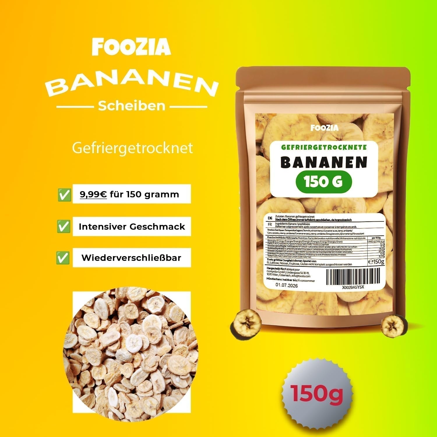 Lyofilizované banány 150g plátky, Lyofilizované ovoce bez přísad Čisté - 100% přírodní sušené ovoce - Sušené banány sušené ovoce od Foozia Dehydratované produkty Naty Shop