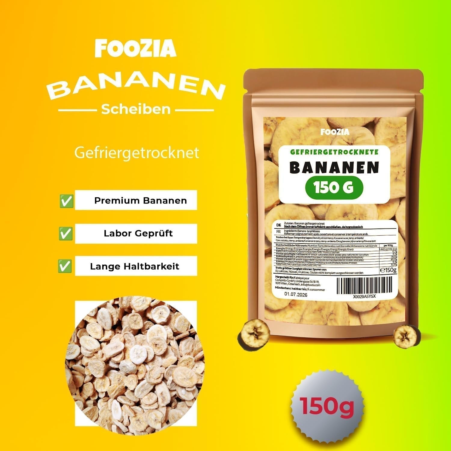 Lyofilizované banány 150g plátky, Lyofilizované ovoce bez přísad Čisté - 100% přírodní sušené ovoce - Sušené banány sušené ovoce od Foozia Dehydratované produkty Naty Shop