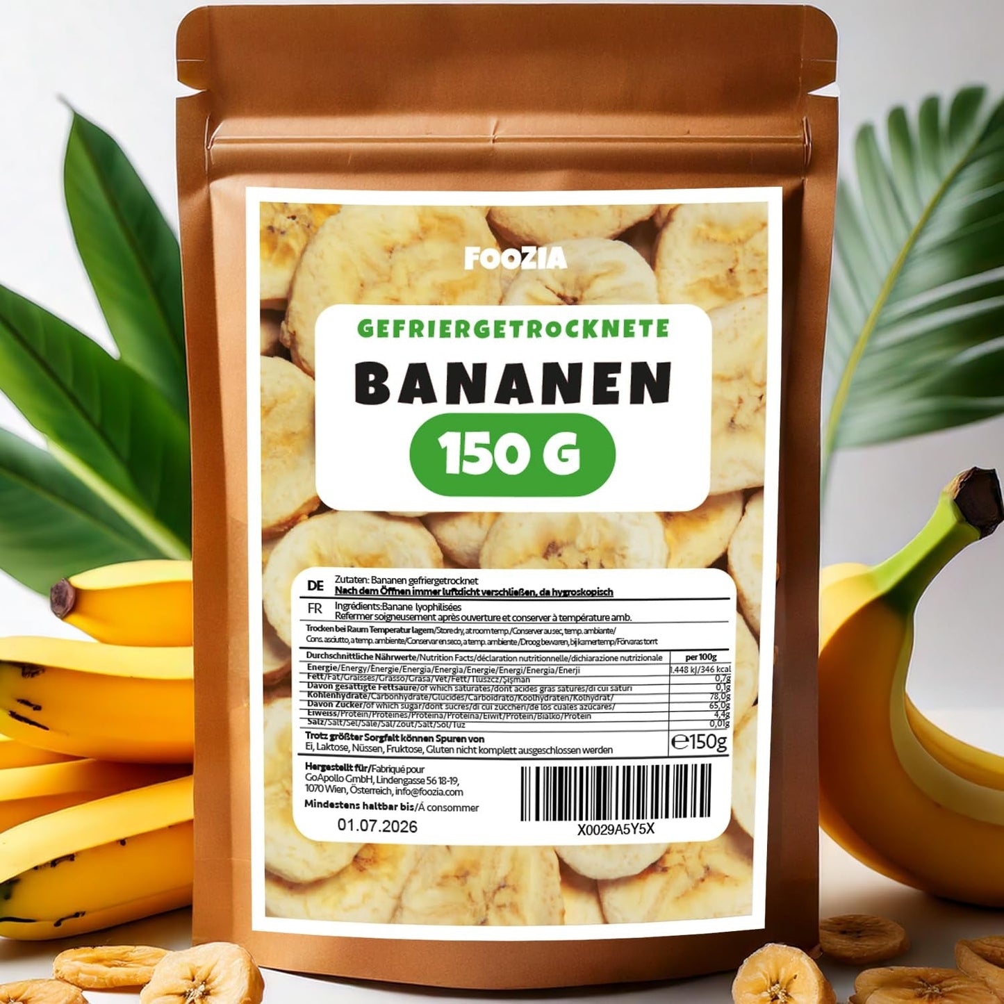 Lyofilizované banány 150g plátky, Lyofilizované ovoce bez přísad Čisté - 100% přírodní sušené ovoce - Sušené banány sušené ovoce od Foozia Dehydrované produkty Naty Shop 150G