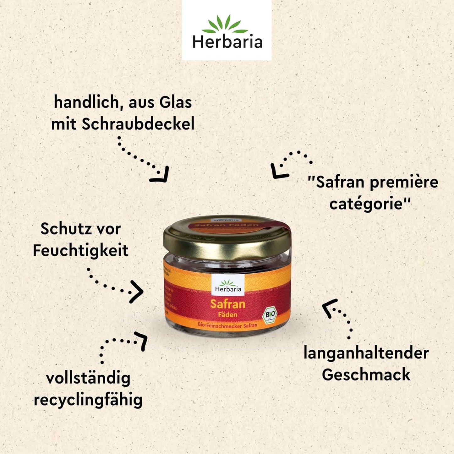 Herbaria Safran-Fäden bio 0,5g im Glas – Bio Saffron-Fäden aus dem Bericht Safran-Ort Taliouine v Maroku – Safranfäden v Premium Bio-Qualität – Saffron Premium - Safran première kategorie