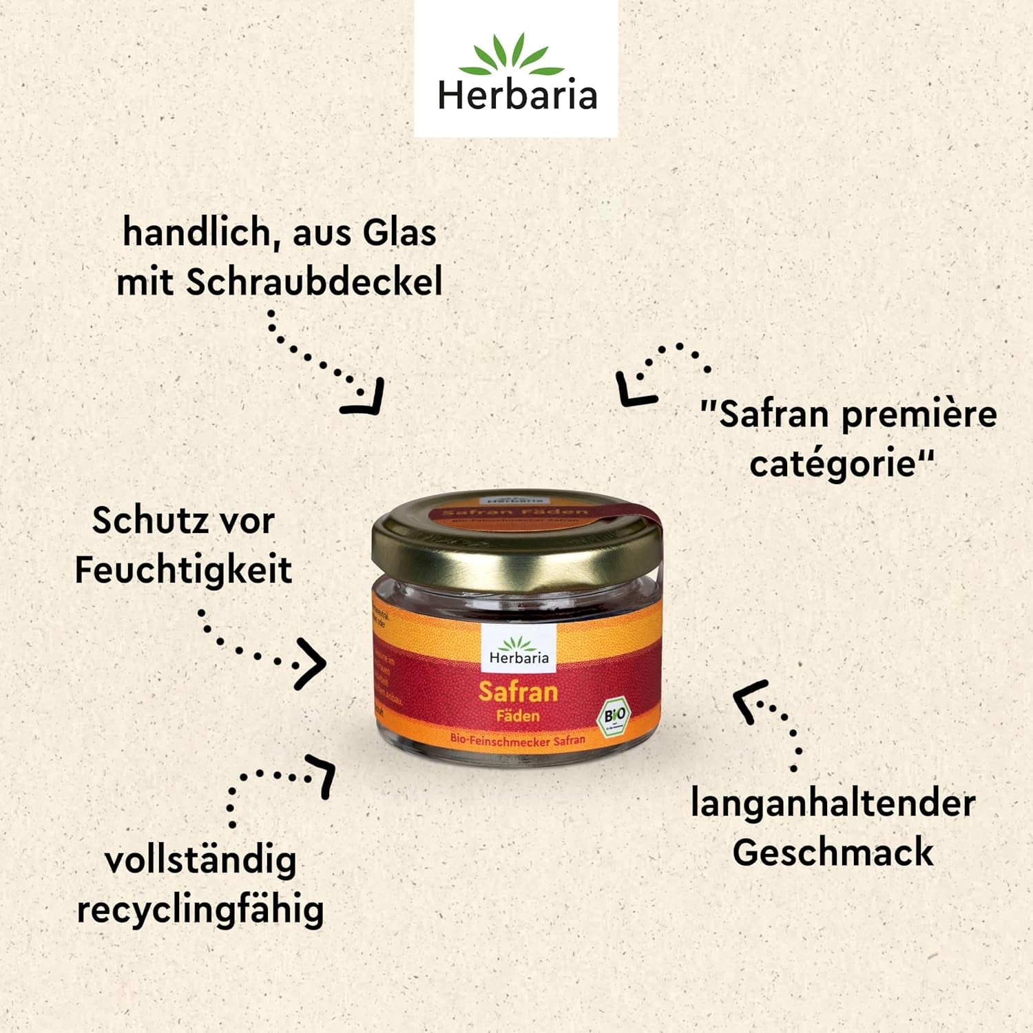 Herbaria Safran-Fäden bio 0,5g im Glas – Bio Saffron-Fäden aus dem Bericht Safran-Ort Taliouine v Maroku – Safranfäden v Premium Bio-Qualität – Saffron Premium - Safran première kategorie
